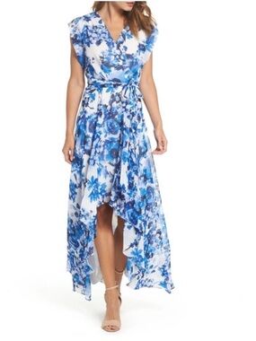Eliza J Floral Belted Ruffle High/Low Maxi Dress In Blue White Size 14